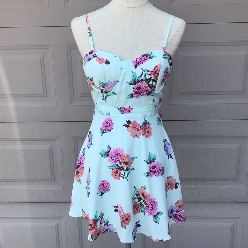Forever 21 Turquoise Floral Print Padded Bust Mini Dress (S)